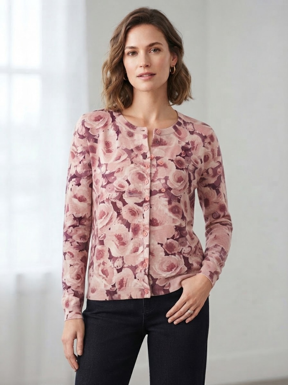 VINTAGE 90s Y2K Liz Claiborne Rose-Print Pink Button-Front Cardigan